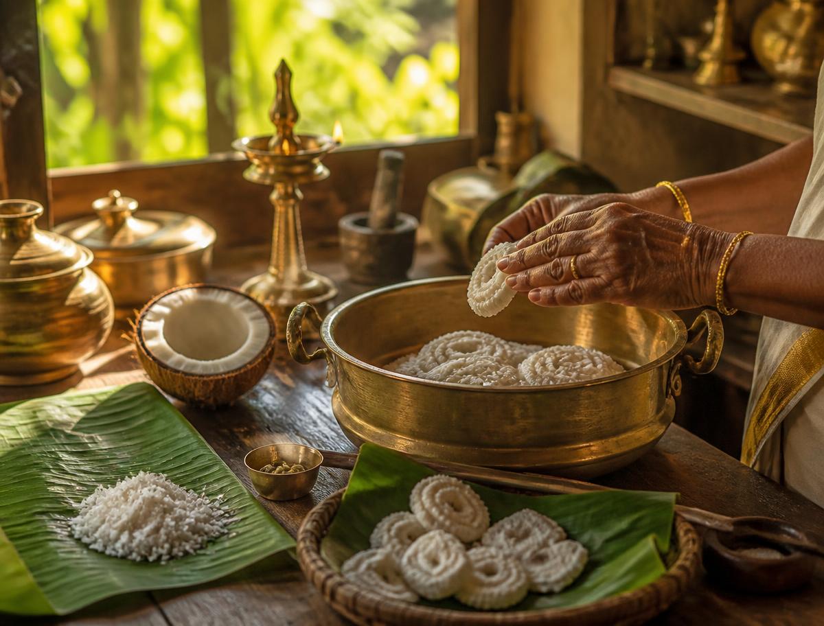Traditional Kerala kitchen with brass vessels, coconut and freshly made murukku